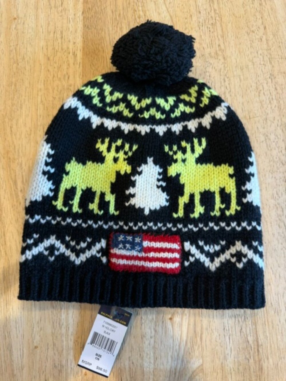 NWT Polo Ralph Lauren Holiday Fair Isle Moose Pom Beanie Hat OS Black